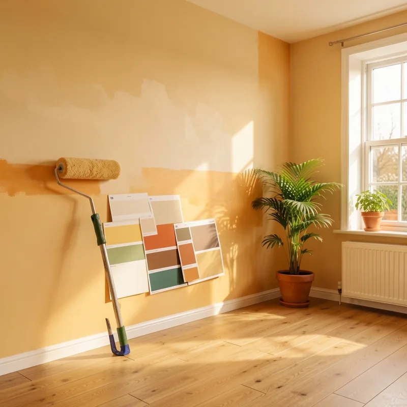 Rouleau de peinture appliquant une teinte claire sur un mur intérieur fraîchement préparé